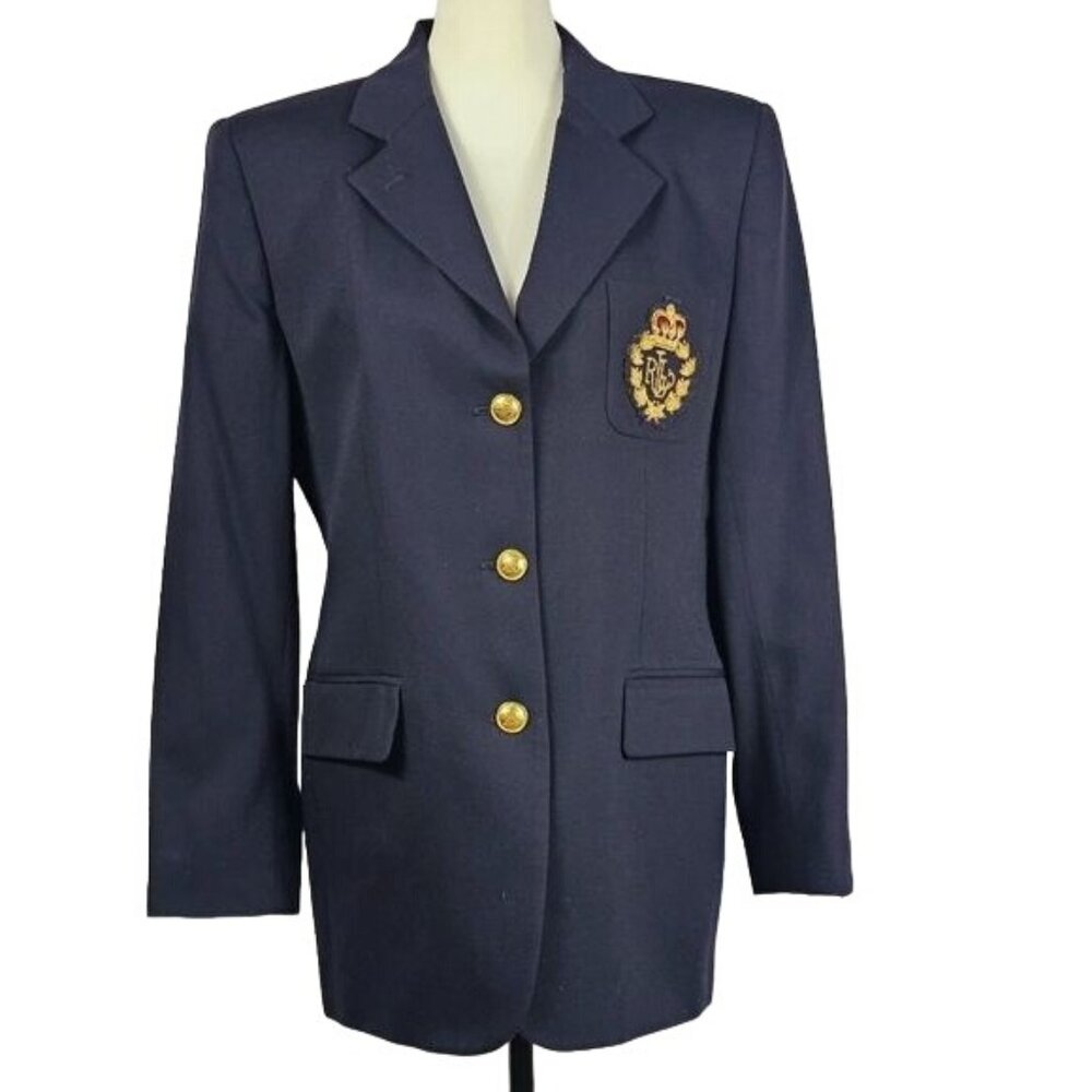 Navy Wool-Blend Crest Blazer with Gold Buttons